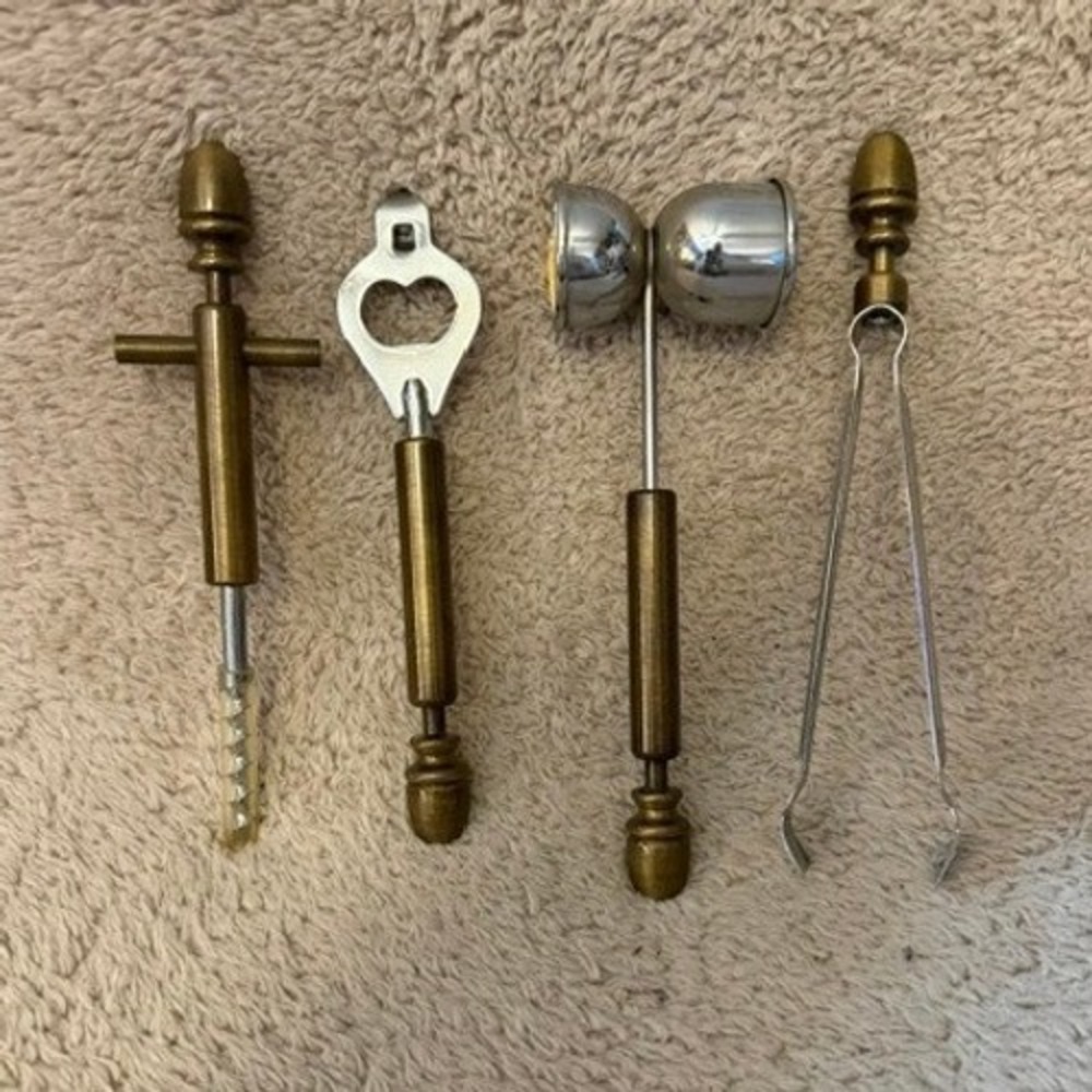 Vintage Antique Brass Bar Tool Set 4pc Corkscrew Opener Jigger‎ Ice Tongs Gold
